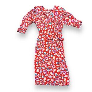 Vintage 80s Maggy London Red Silk Floral Abstract Skirt Suit Set Women’s Size 10